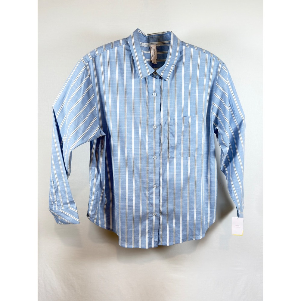 Auden Blue White Striped Button Down Sleep Shirt Long Sleeve Womens Medium NWT